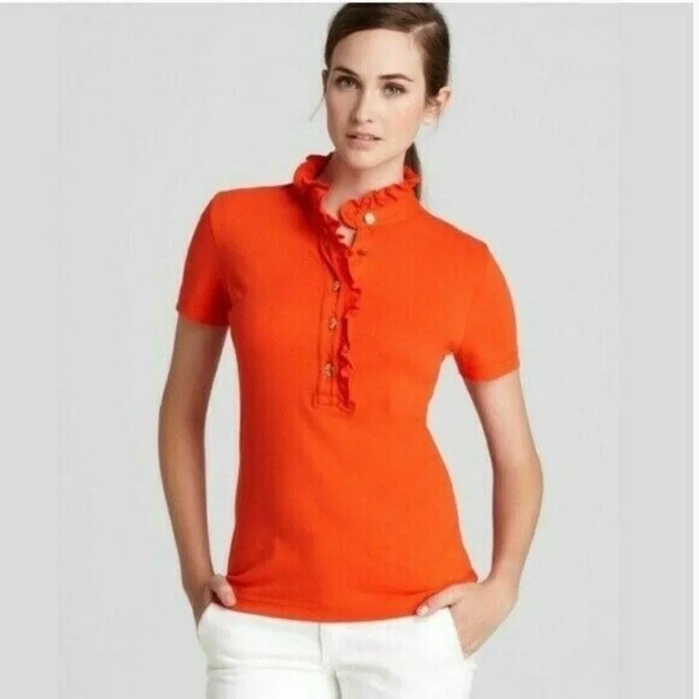 Tory Burch Orange Ruffle Polo Top